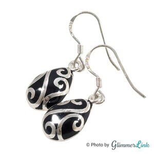 MC 925 Sterling Silver Black Inlay Swirl Teardrop Lightweight Dangle Earrings